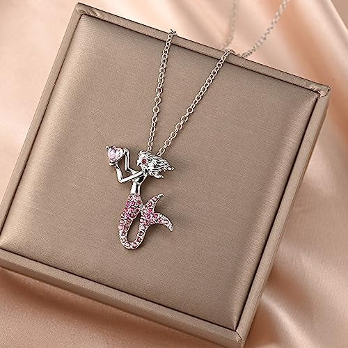 Mermaid Cartoon Girl Pendant Necklace with Glass Accents